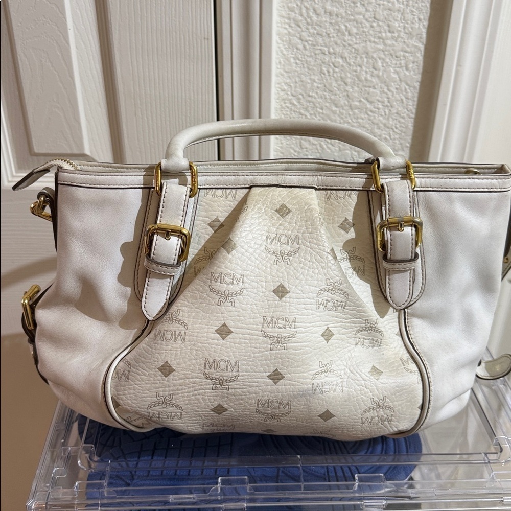 MCM Cream Satchel with Gold Accents - Picture 4 of 9